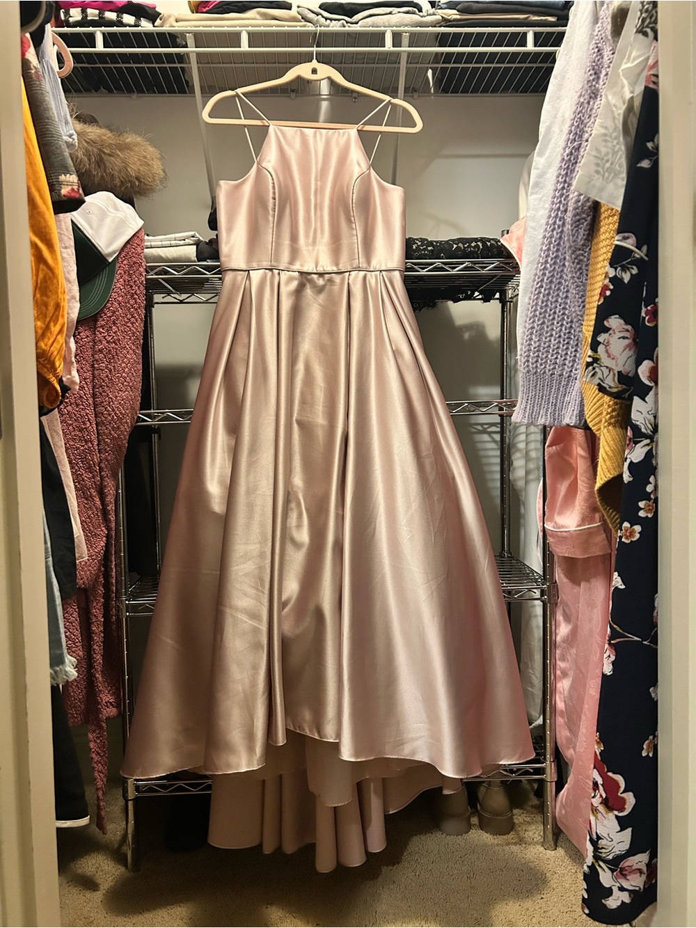 Betsy & Adam Blush Pink Satin High-Low Formal Dress